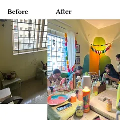 A little studio makeover can do wonders for creativity. Here's a before and after of a corner in our workspace. The fresh paint and colorful decor have completely changed the vibe.