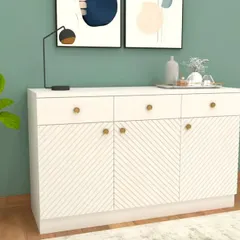 A simple and elegant white console with a diagonal groove pattern on the doors. The small gold knobs add a touch of antique charm.