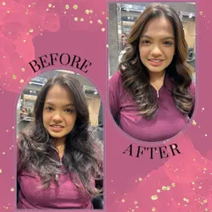 A complete hair makeover. We addressed dullness and uneven texture with a nourishing treatment and professional styling, resulting in a bouncy, voluminous look that frames the face beautifully.