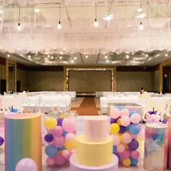 A duplicate of the 'before' shot, showing the scale of the hall and the initial placement of our custom-made props before the full unicorn party transformation.