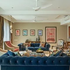 This living room features a set of five artworks from my modern Pichwai series. I reinterpreted this 400-year-old art form with contemporary sensibilities, using earthy tones and highlighting the sacred Nandi bull.