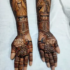 The rich, dark stain of the bride and groom portrait design. The details of their attire and the peacock motifs are beautifully highlighted.