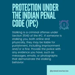 A duplicate of the slide on IPC Section 354D, reinforcing the primary legal protection against stalking in India.