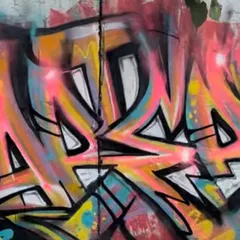 Detail of the pink and yellow wildstyle lettering. Each piece is a puzzle of shapes and colors, designed to have maximum visual impact.