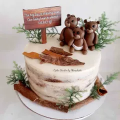 A very cute and rustic baby shower cake with a "Baby Bear is almost HERE" theme. This semi-naked cake is decorated with cinnamon sticks, greenery, and adorable, handcrafted bear family toppers.