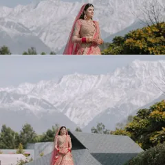 A bride standing against the magnificent snow-capped mountains of Dharamshala. For me, a destination wedding is about making the stunning landscape a part of your story.