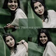 A collage of portraits from the "white and green" series, showcasing different expressions and angles while using a large leaf as a creative prop.