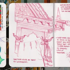 Another spread showing the variety in my sketchbook. A detailed architectural sketch in pink sits next to a colorful character and some abstract lettering.