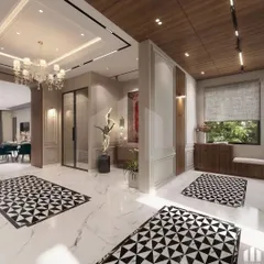This foyer is a masterful blend of classic and contemporary design. The black and white geometric floor inlays, modern sculpture, and traditional chandelier create a dynamic and welcoming first impression.