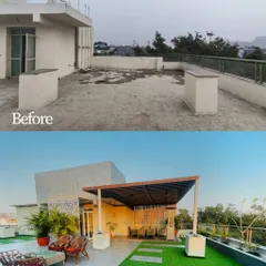 I believe every empty rooftop holds the potential for paradise. This before and after shows a complete terrace transformation, turning a barren concrete slab into a lush, multi-zone garden with artificial grass, a shaded pergola for dining, and comfortable seating areas. This is how we create a true extension of your home.
