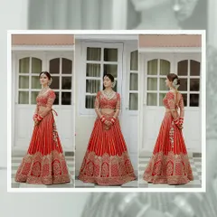 A triptych of a bride in a traditional red lehenga, displaying the outfit from the front, side, and back to capture every intricate detail.