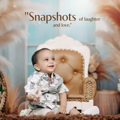 A smiling toddler sits on a miniature throne in a beautiful boho-inspired studio set. His happy expression and the stylish decor combine for a perfect portrait.