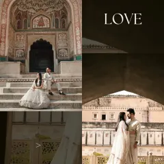 Four distinct moments captured at Amer Fort, from a grand shot at the Ganesh Pol entrance to intimate interactions within the palace's corridors.