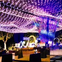 For this outdoor sangeet, I created a canopy of thousands of fairy lights and a futuristic, mirrored bar to set a high-energy, glamorous tone for a night of dancing.