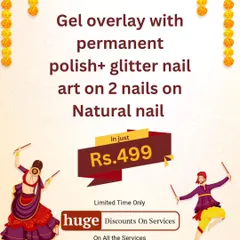 A special Navratri offer for a gel overlay with glitter nail art. Get your nails ready for the festivities!