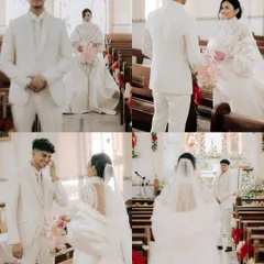 A collage capturing the groom's emotional reaction as he sees his bride walk down the aisle for the first time.