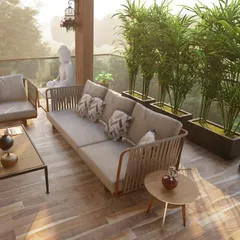 This is a design concept for a spacious balcony, showing how a comfortable outdoor sofa set can create a true living room feel. I used tall bamboo plants in rectangular planters to provide natural privacy from the building opposite.