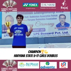 **Haryana State U-17 Girls' Doubles Champion.** Joel Rana celebrates her victory, clinching the U-17 Girls' Doubles title at the Haryana State Championships.