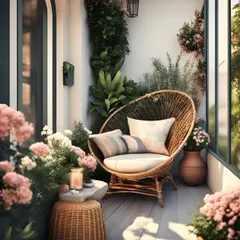 A classic papasan chair made of wicker creates a perfect reading nook in this bright and airy balcony. Surrounded by potted flowers and climbing plants, this simple setup offers a comfortable and peaceful retreat.