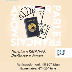 Décrochez le DELF DALF. Décollez pour la France! This poster captures the spirit of the exam: get your diploma and take off for France. Register by the deadline to start your journey.
