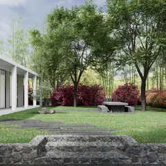 This small weekend retreat is designed to be private, quiet, and reclusive. The minimalist, neutral architecture, with its clean lines and large glass openings, steps back to allow the lush garden and bamboo grove to become the main feature.