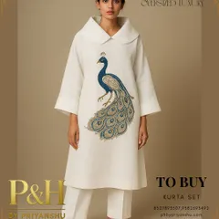 The essence of oversized luxury in a pristine white linen kurta set. The minimalist silhouette is elevated by an oversized collar and a beautifully hand-embroidered peacock motif.