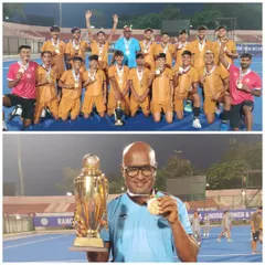 Our coach, Shanmugham P, celebrating a Gold Medal win as the coach for the North Zone Men's Team at the Sub Junior Inter-Zonal Championship. Our coaches are winners, and they create winners.