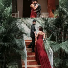 A collage showing the couple ascending a staircase, symbolizing their journey together. The combination of the elegant attire and the tropical setting in Goa creates a beautiful narrative of love and new beginnings.
