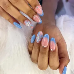 A dreamy blue and pink design featuring translucent 3D flowers with rhinestone centers, perfect for a soft, ethereal look.