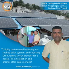 We help homeowners like Harish Pratap Singh in Lucknow achieve energy independence. His 10-kilowatt rooftop solar system is an asset that will power his home for 25 years while significantly reducing high electricity bills, backed by our hassle-free installation and prompt after-sales service.