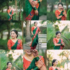 A beautiful collage showcasing the bride in her stunning Paithani saree. I take portraits from various angles in a natural, outdoor setting to highlight the elegance of the traditional attire.