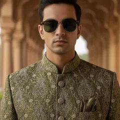 A cool and confident look for a Mehendi. This model wears an olive green sherwani with intricate silver and gold threadwork, paired with sunglasses for that perfect daytime swag.