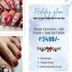 Get holiday glam from your fingertips to your toe tips. This is one of my popular Christmas packages, featuring festive nail art extensions for your hands and a matching red gel polish for your feet.