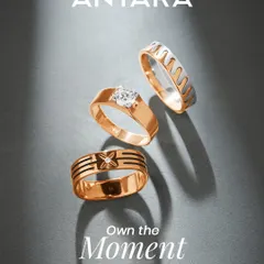 This image showcases the variety within my men's ring collection. It features a solitaire diamond ring, a modern two-tone band, and a geometric design with black enamel detailing, all crafted in rose gold.