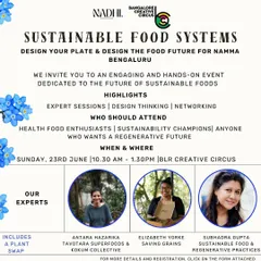A poster for a "Sustainable Food Systems" workshop, inviting women to learn about upcycling ingredients, soil health, and regenerative agriculture from experts.