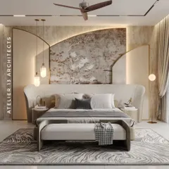 We designed this master suite as a sanctuary of calm. The bespoke, curved headboard features an inset of handpainted wallpaper, complemented by soft, layered textiles and a plush rug over white flooring to create a tranquil and sophisticated retreat.