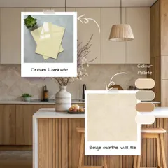 Here's a Japandi-style kitchen. It uses cream laminate for the cabinets and a beige marble wall tile for the backsplash, all tied together with a neutral color palette and natural wood accents.