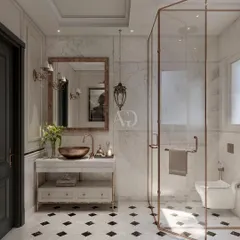 This view showcases the custom vanity and glass-enclosed shower with rose gold fixtures. The design is a harmonious blend of vintage-inspired elements and modern functionality, creating a truly luxurious and practical space.