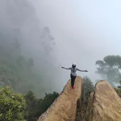 A trekker balances on a rock, feeling on top of the world with the misty Kodaikanal valley below.