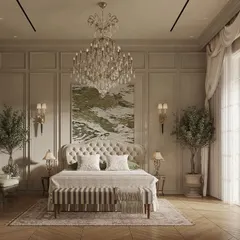 A bedroom should be a sanctuary of calm and elegance. In this room, I used a harmonious blend of creamy beiges and muted greens, enhanced by classic European wall paneling and a large, contemporary artwork to create a space that balances classical design with soft, modern undertones.