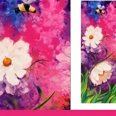 A close-up of our "Pink Blossom Flowers" acrylic painting, showing the textured brushstrokes and vibrant colors. This piece, featuring white flowers and a bee, is available for purchase.