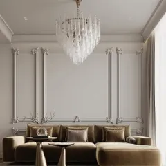 The same living room render from a different angle, showcasing the grand scale of the chandelier and the elegant wall paneling. 3D views help us confirm every design choice.