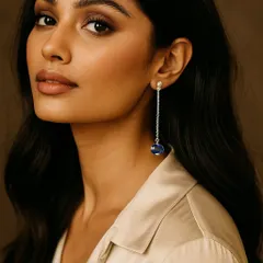 Jewellery should speak without saying a word. These custom drop earrings, featuring a deep blue stone suspended from a delicate diamond chain, are crafted for the woman who defines her own elegance and lets her presence be her statement.