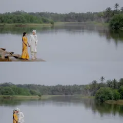 A two-panel shot showing a couple standing by the river, first holding hands and then in a gentle embrace, capturing the peacefulness of the location.