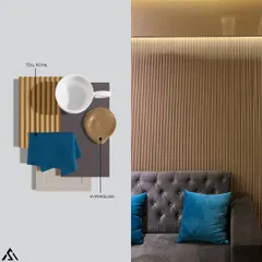 This image illustrates how our design concepts translate to reality. On the left is the material and color palette mood board, and on the right is the finished space, showing how the selected elements come together.