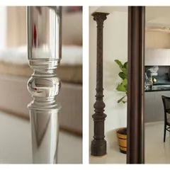 A tale of two details. On the left, a transparent acrylic table leg that almost disappears. On the right, a century-old cast iron pillar. Both stand in the same home, a quiet contrast of modern minimalism and historic weight.