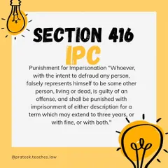 The Law on Impersonation: Section 416 IPC. Falsely representing yourself as another person with the intent to defraud is a criminal offense. Section 416 of the IPC outlines the punishment, which can be imprisonment for up to three years, a fine, or both.