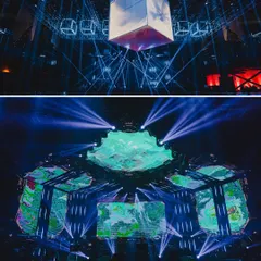 The versatility of our stage design. The same event structure transforms with different LED content, from a celestial cloudscape to a vibrant, abstract world map.