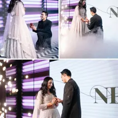 A surprise proposal during the engagement party. We helped the groom plan this beautiful moment, complete with dramatic smoke and lighting, to make it truly unforgettable.