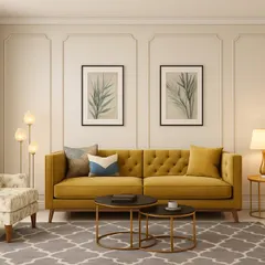 A slightly different angle of the same living room render, focusing on the balance and symmetry of the space. The framed art, floor lamp, and nesting coffee tables are all carefully selected to create a cohesive look.